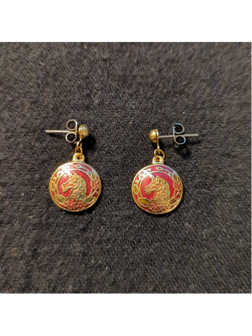Vintage 1970's Gold Tone Red Cloisonne Unicorn Stud Dangle Earrings - NOS